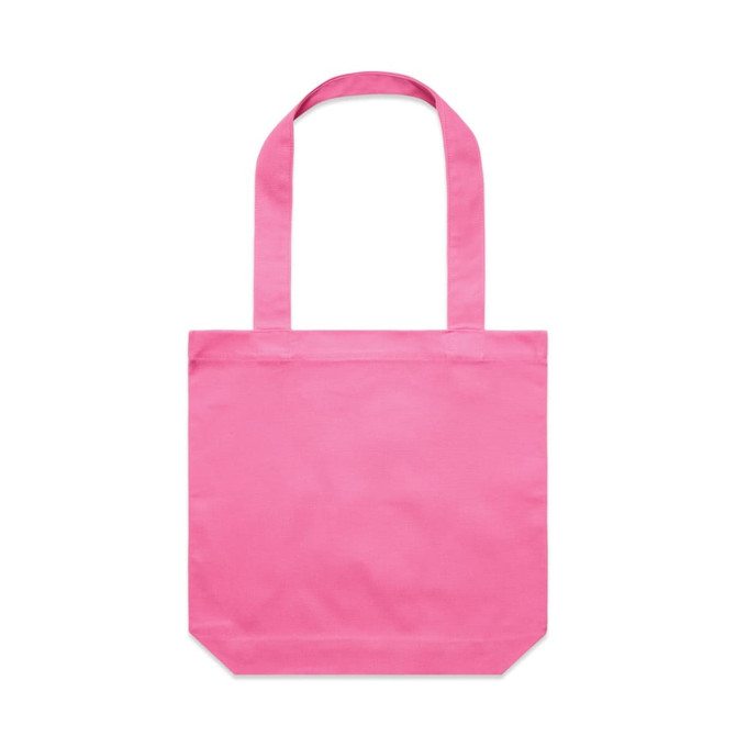 A pink tote bag with two shoulder straps and a simple design, featuring a logo.