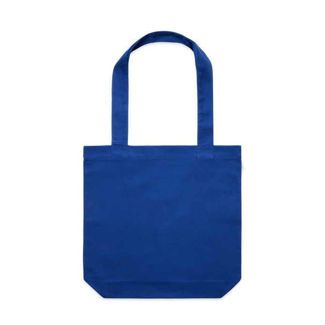 A blue tote bag with two long handles and a spacious main compartment, featuring a branding logo.