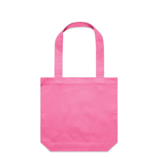 A pink tote bag with two handles and a square base. The bag has a simple design and includes a logo.