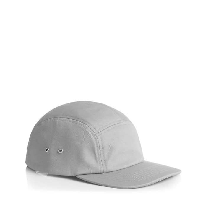 A grey five-panel cap with a rounded top and a stiff visor, featuring ventilation eyelets and a logo.