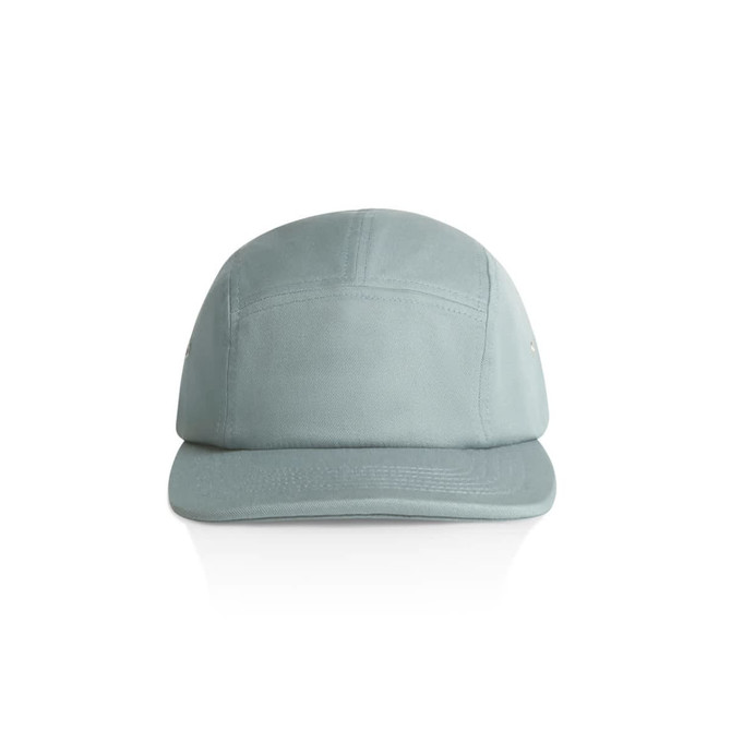 A light green five-panel cap with a flat peak and a logo on the side.