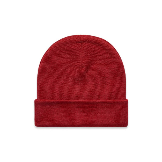 A red cuff beanie with a folded brim and a smooth texture. It features a branding logo.