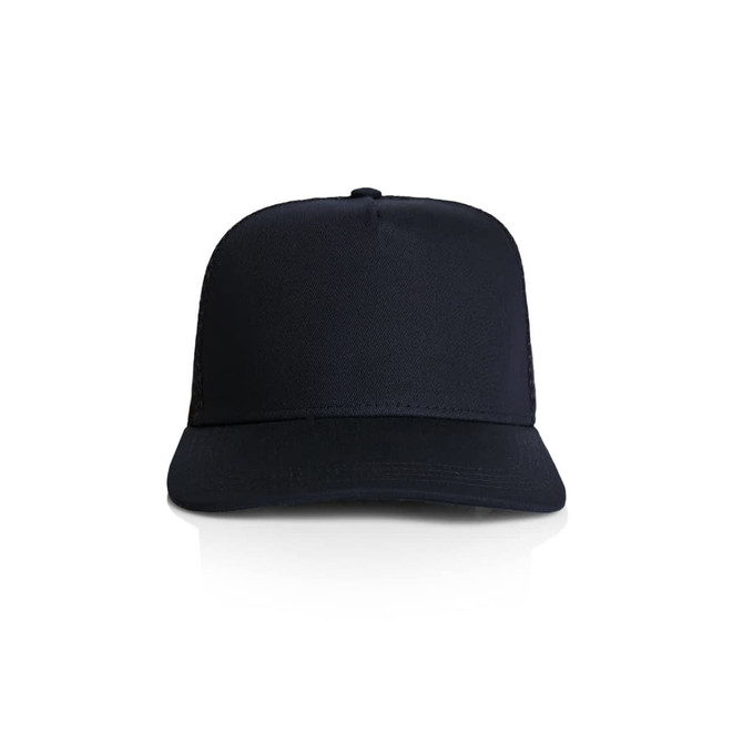 A black trucker cap with a structured front panel and mesh back, featuring a logo.