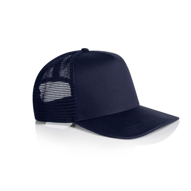 A navy trucker cap with a solid front panel and mesh back, featuring a logo on the front.