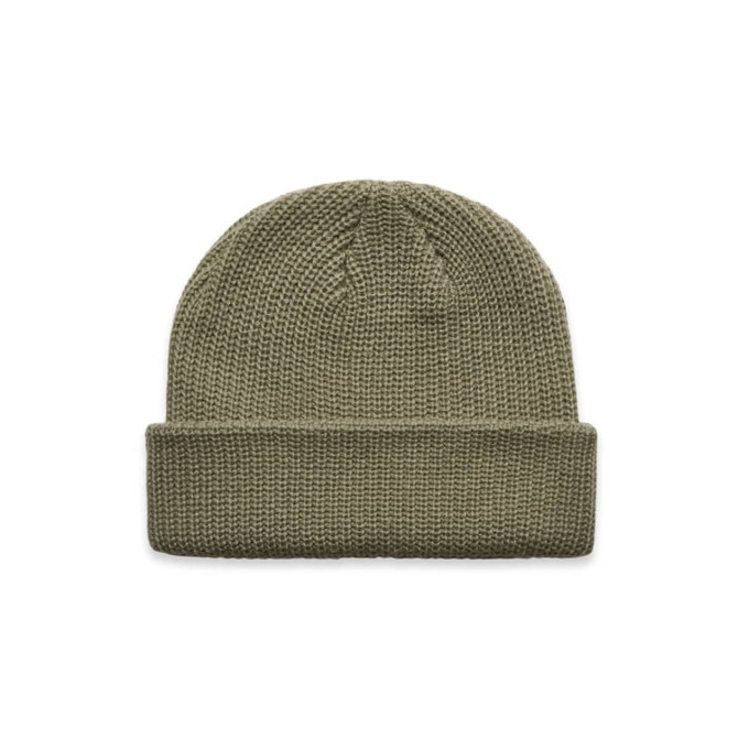An olive green knitted beanie with a folded cuff and a textured design, featuring a small logo.