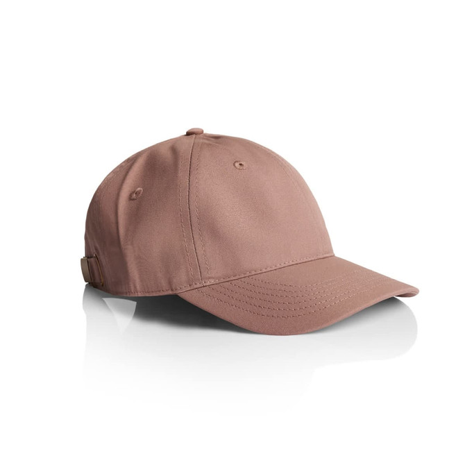 A beige cap with a curved brim and an adjustable strap, featuring a logo.