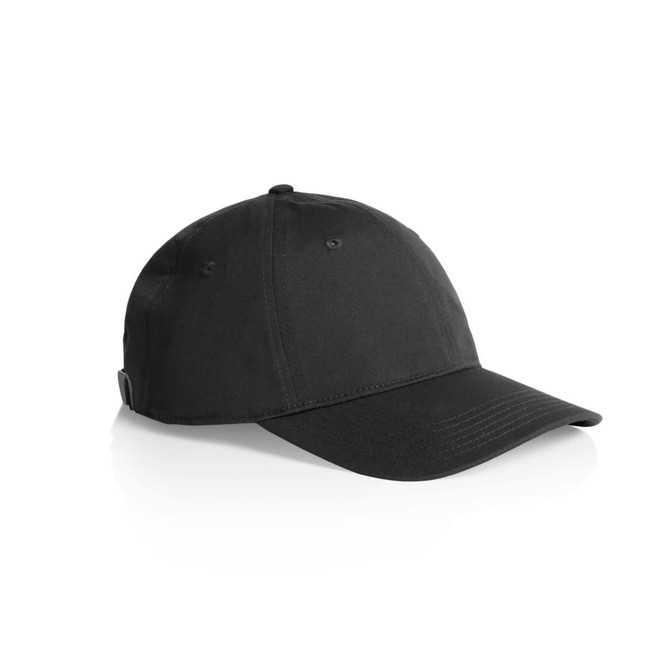 A black cap featuring a curved brim and a sleek design, with an understated logo.