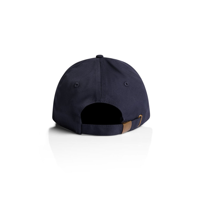 A navy cap featuring an adjustable strap at the back and a logo on the side.