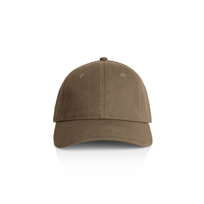 A khaki cap with a structured front and ventilation holes, featuring a simple logo on the side.