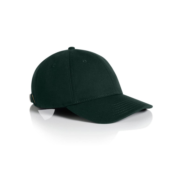 A dark green cap with a curved brim and an adjustable strap, featuring a logo on the side.