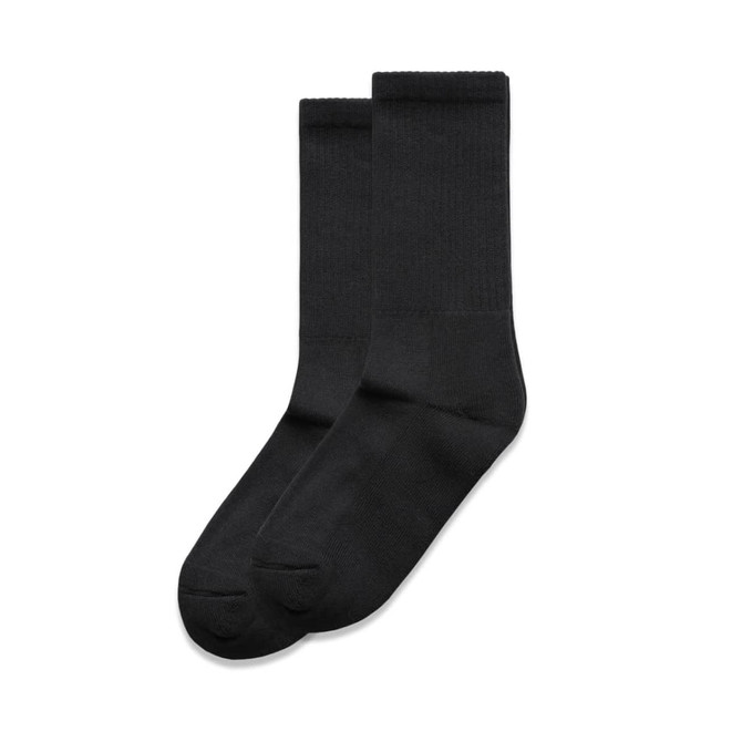 Two pairs of black socks are displayed, featuring a classic design and ribbed cuffs. They have a branded logo.