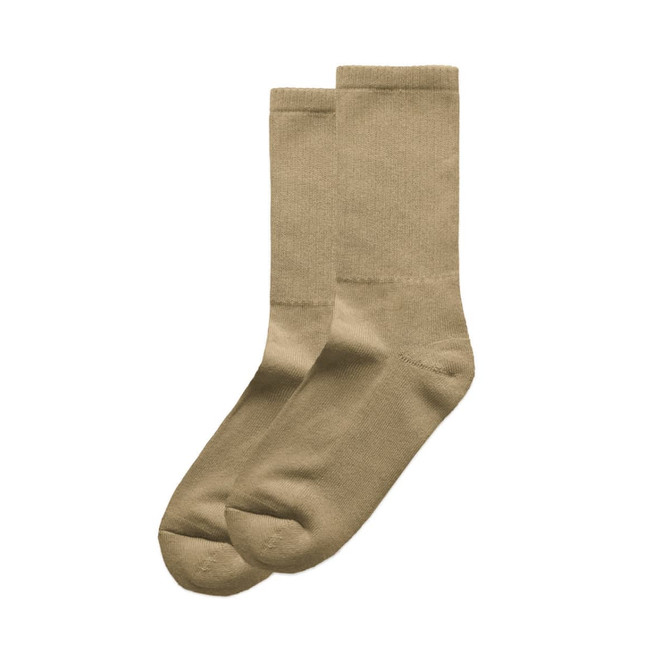 Two pairs of beige socks, featuring a simple design, displayed together. The image includes a branding logo.