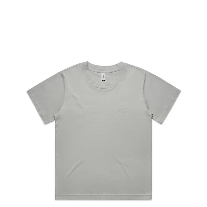 A light grey t-shirt with a round neckline and short sleeves. It features a logo.