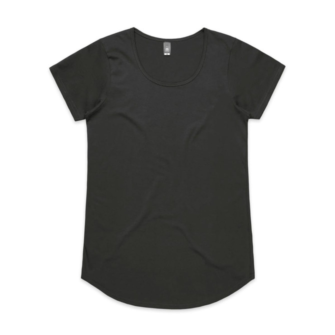 A black t-shirt with short sleeves and a rounded neckline, featuring a subtle branding logo.