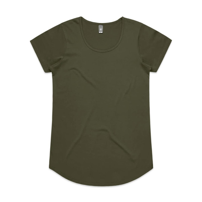 An olive green T-shirt with a scoop neck and short sleeves, featuring a logo on the label.