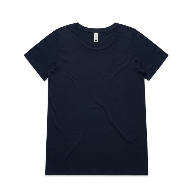 A navy blue T-shirt featuring a simple design and a round neckline. The shirt has a logo on the label.