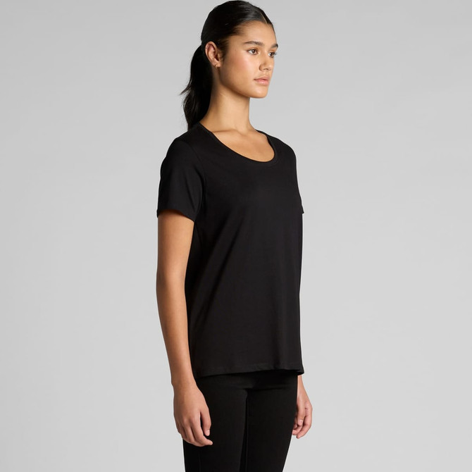 A black T-shirt with a scoop neckline, featuring short sleeves and a relaxed fit. It has a logo on the front.