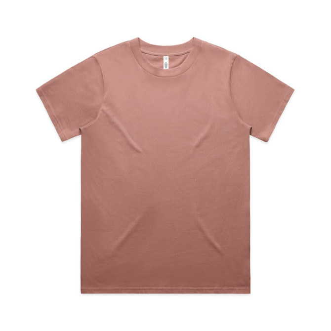 A light brown classic T-shirt with a round neckline and short sleeves, featuring a logo on the label.