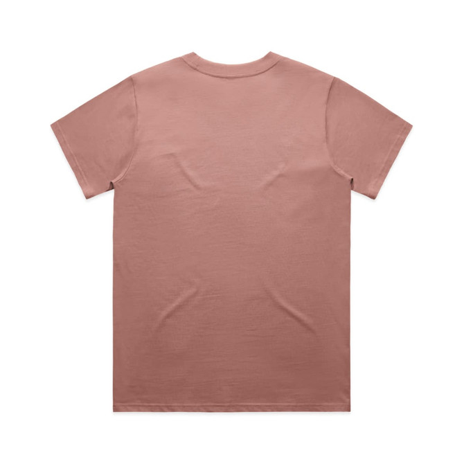 A plain, short-sleeved T-shirt in a muted pink hue, featuring a logo on the back.