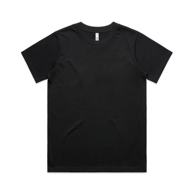 A black T-shirt with a classic fit, featuring a round neckline and short sleeves. It has a logo on the label.