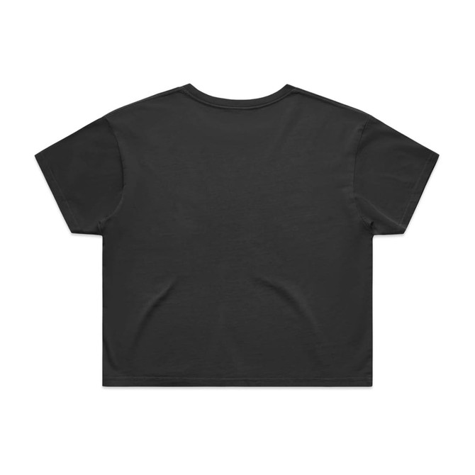 A black cropped t-shirt with a relaxed fit, featuring a smooth back design and a logo.