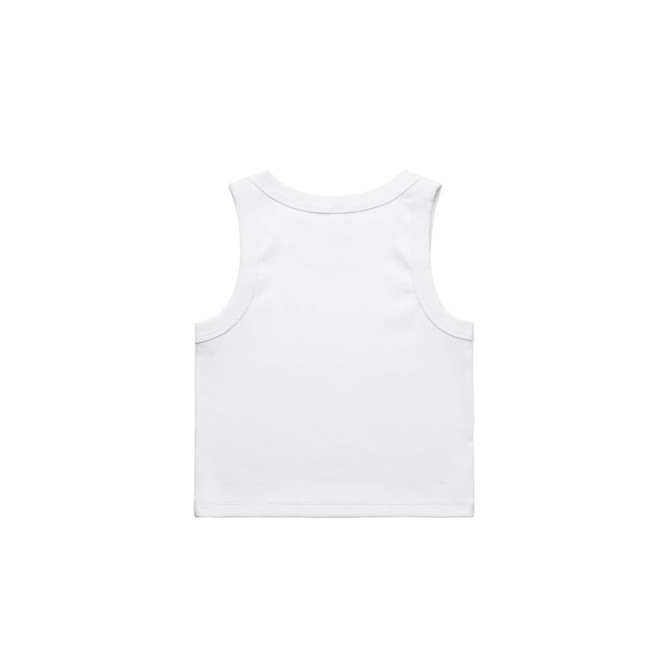 A white organic rib crop tank with a simple design and a logo on the back.