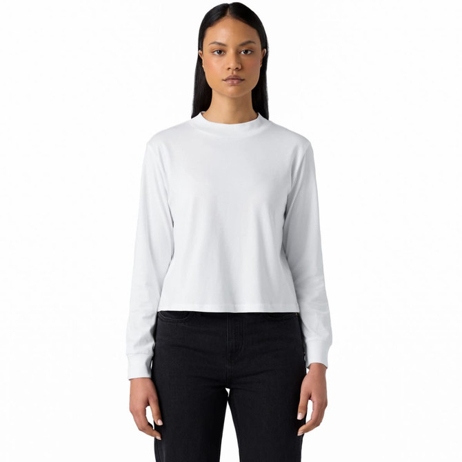 A white long-sleeve tee shirt with a round neck, styled as a relaxed fit. It features a logo on the garment.