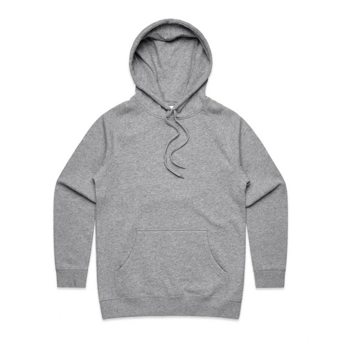 A grey hoodie with a front pocket and a drawstring hood. It features a logo on the front.