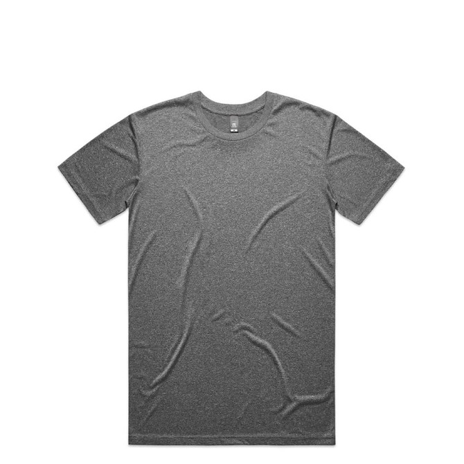 A grey active t-shirt with a simple design and a logo at the neckline.
