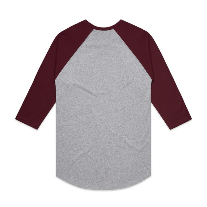 A grey raglan tee with burgundy sleeves and a curved hem, featuring a logo on the back.