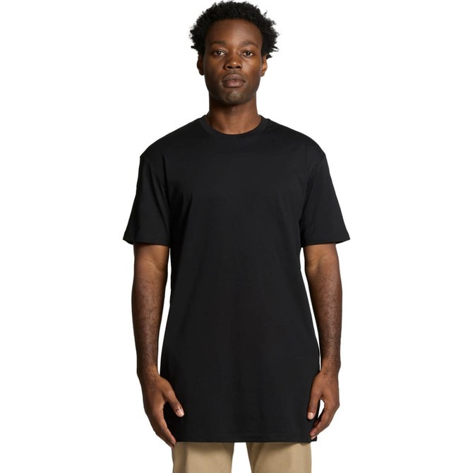 A black tall T-shirt with a relaxed fit, featuring short sleeves and a round neckline. It has a logo present.