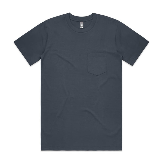 A dark grey classic pocket tee with a single chest pocket and short sleeves. The shirt features a logo.