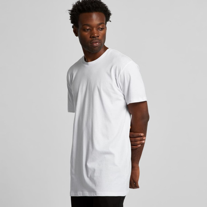 A white t-shirt with short sleeves, featuring a logo on the front, shown on a model in a neutral setting.