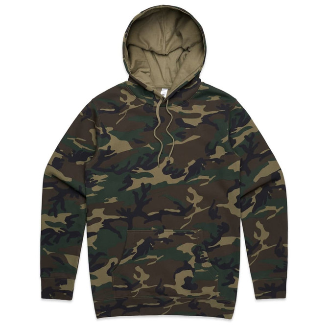 A hoodie featuring a stencil camo pattern in shades of green and brown, with a front pocket and a hood.