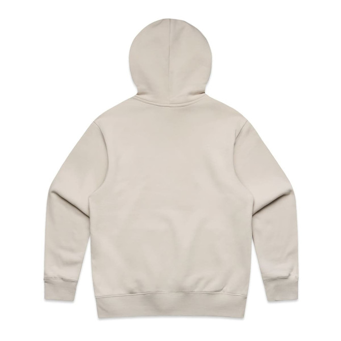 A beige hoodie with a hood, featuring a logo on the back and a relaxed fit.