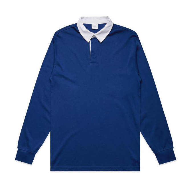 A blue rugby jersey with a white collar and long sleeves, featuring a logo on the chest.