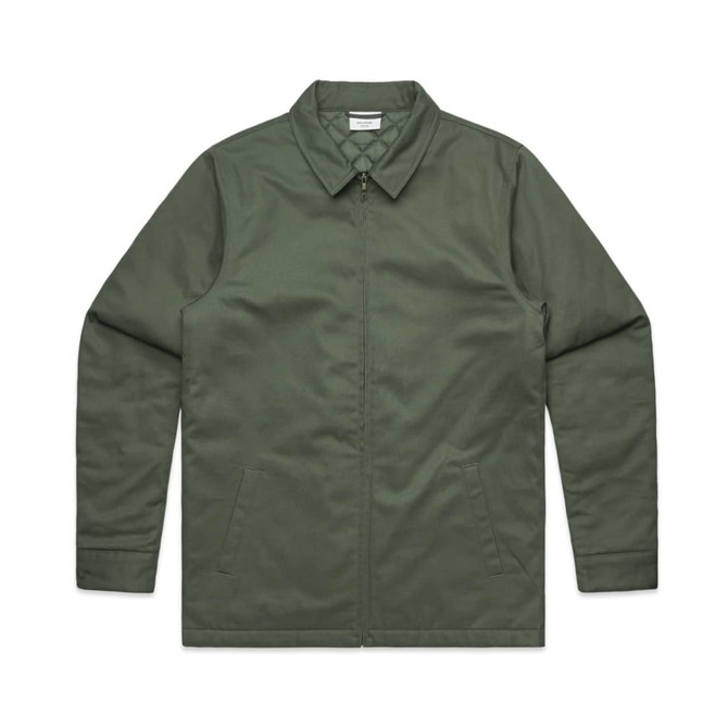 An olive green service jacket with a collar and two side pockets. The jacket features a logo.