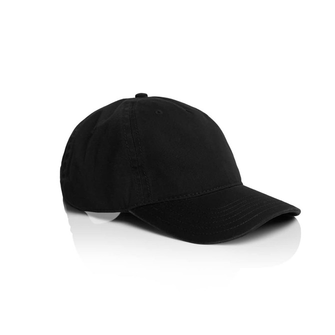 A black five-panel cap with a curved brim and an adjustable strap. Features a logo on the side.