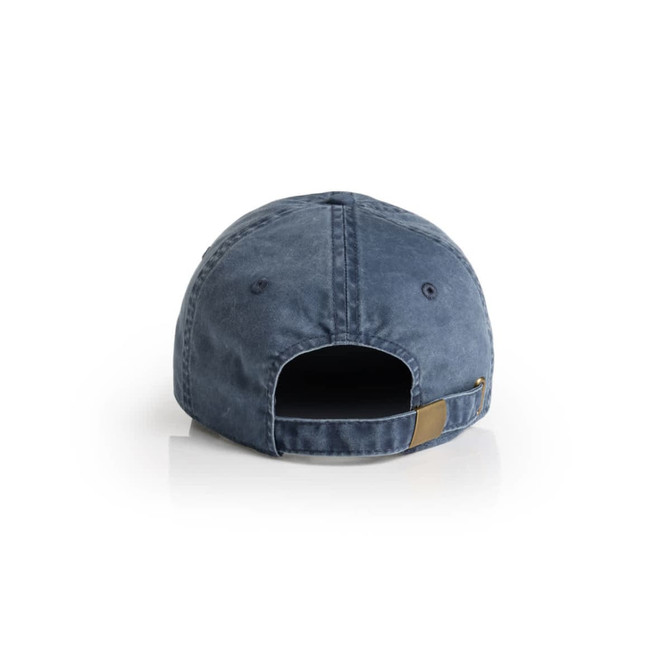 A navy blue cap with a curved brim and an adjustable strap at the back. It features a logo on the side.