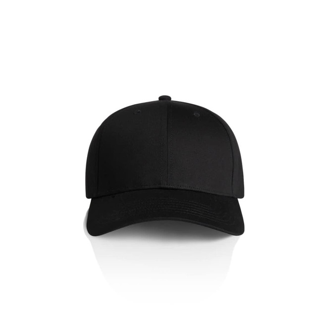 A black cap with a structured design and a prominent front panel. It features a logo on the front.