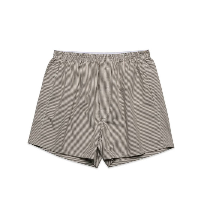 Striped boxer shorts in light grey and white with an elastic waistband. Features a simple design and branding.