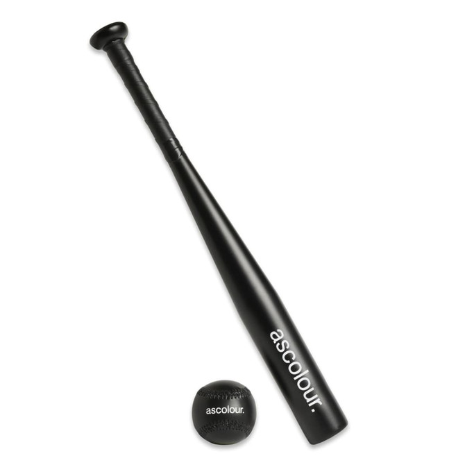 A black mini baseball bat with a textured grip and a matching black baseball, featuring a logo.