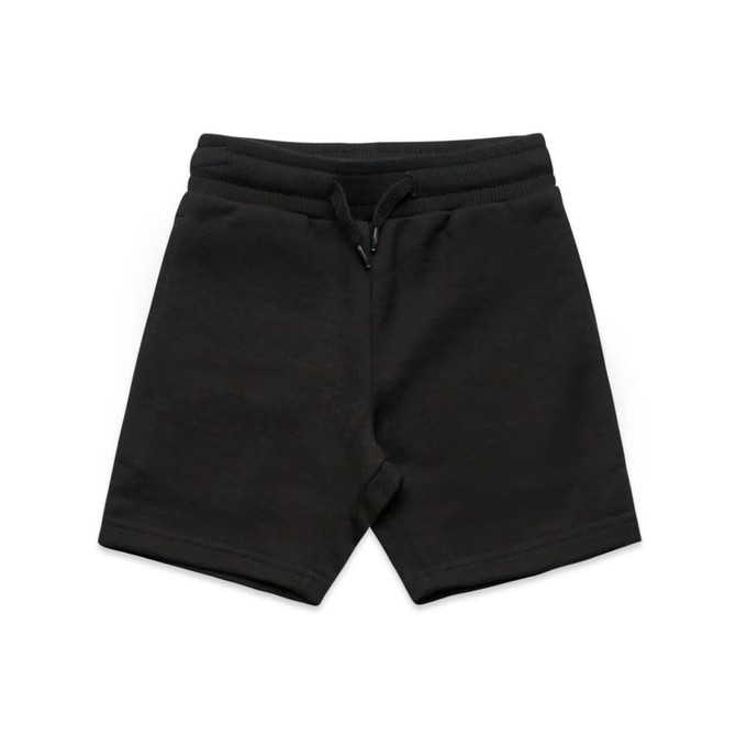 Black kids' sports shorts with an elastic waistband and drawstring, featuring a logo.