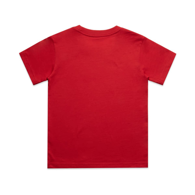 A red classic tee with short sleeves and a plain back. The shirt features a logo on the back.