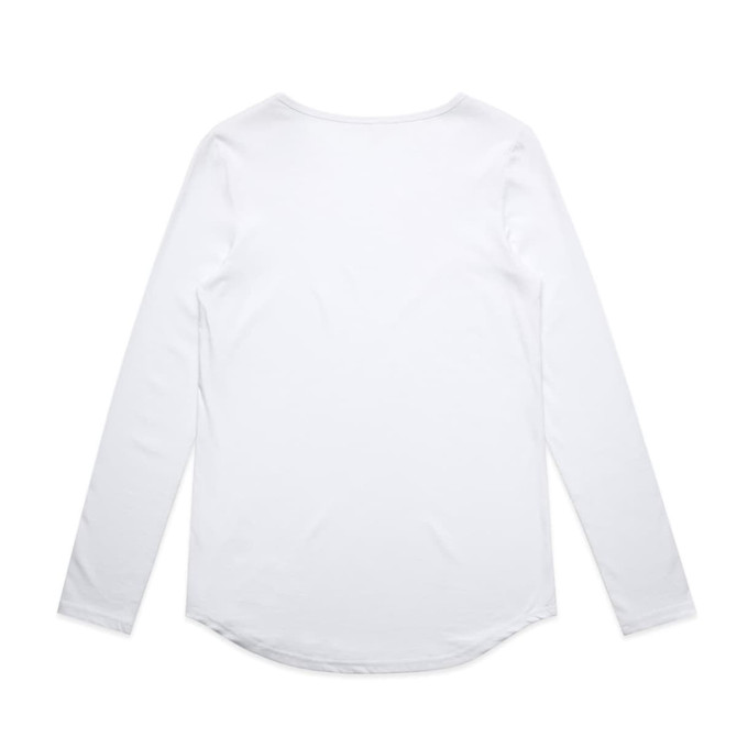 A long-sleeve white T-shirt with a rounded hem and a simple design, featuring a branding logo.