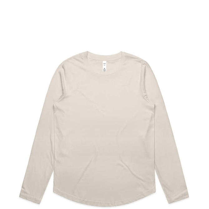 A long-sleeve T-shirt in a soft beige colour with a round neckline and a logo.