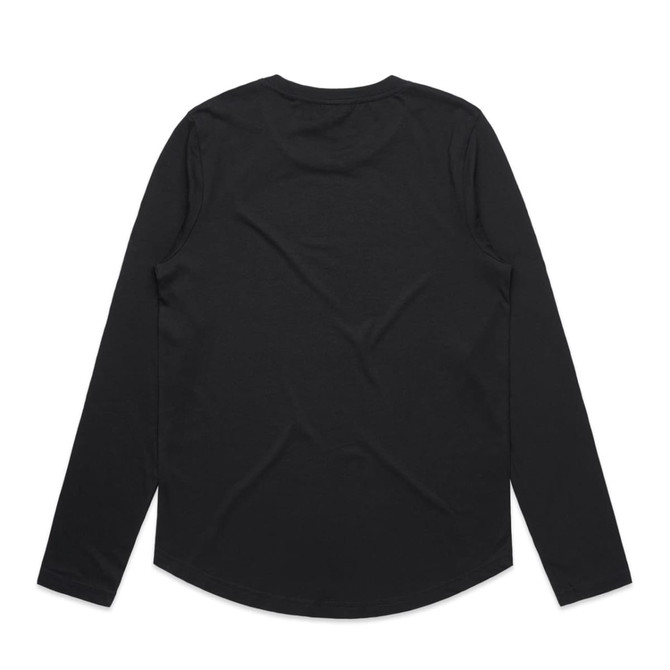 A long-sleeve tee in black, featuring a rounded hem and a smooth fabric texture, with a logo on the back.