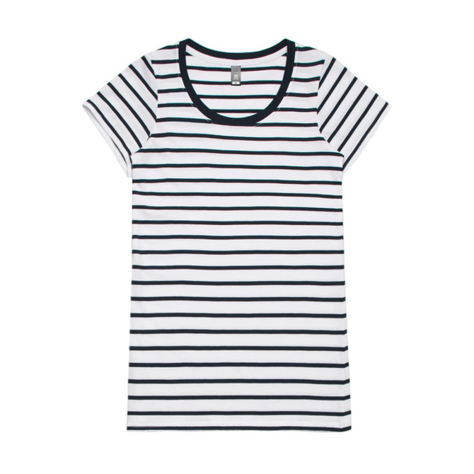A striped tee in white and navy with short sleeves and a rounded neckline, featuring a logo on the label.