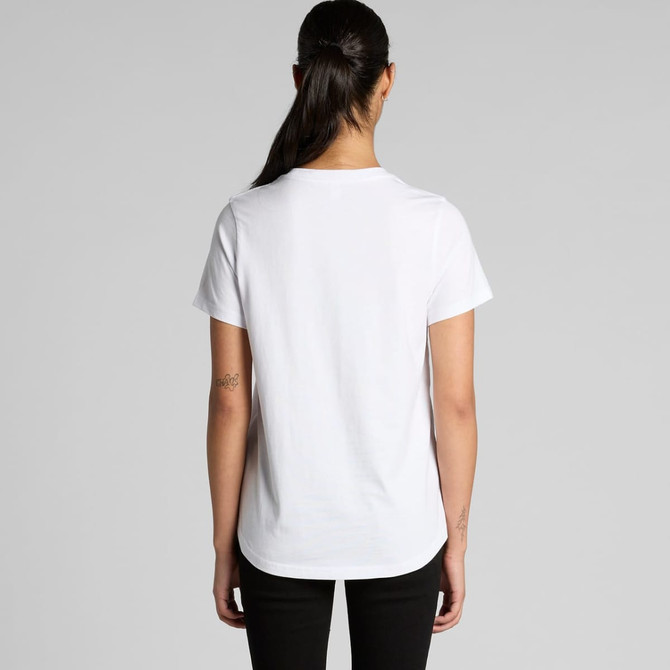 A white, short-sleeved t-shirt featuring a simple design and a logo on the back.