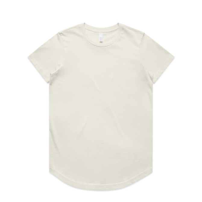 A light green T-shirt with a rounded hem and short sleeves, featuring a subtle logo.